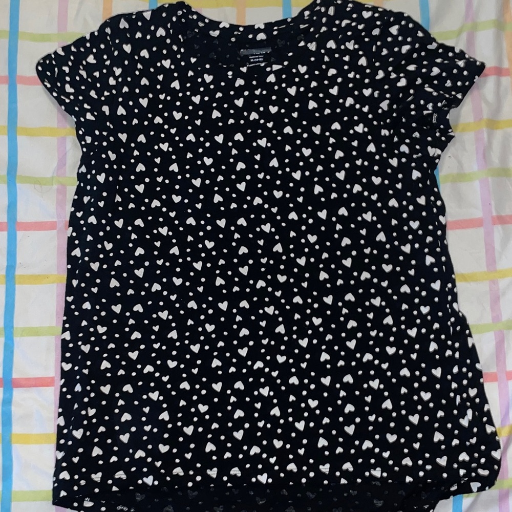 Girls Black Heart Print Short Sleeve Tee